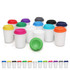 A collection of frosted plastic coffee cups in various colours with matching lids. Each cup features a branding logo.