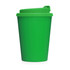 A green eco coffee cup with a double wall design and a fitted lid. It features a logo on the cup.