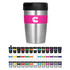A drink bottle in stainless steel with a black lid and a pink band, featuring a logo on the front.