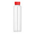 A drink bottle with a clear body and a red lid, featuring a logo on the side.