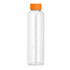 A drink bottle with a clear body and an orange lid, holding 600ml capacity. It features a branding logo.