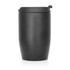 A drink bottle featuring a sleek black stainless steel design with a double wall and a lid, equipped with a logo.