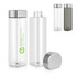 A drink bottle with a transparent body, silver cap, and a logo on the side, available in various colours.