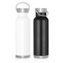 A drink bottle set featuring a white and a black stainless steel design, both with a handle and lid.