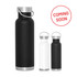 A drink bottle collection featuring a large matte black stainless steel bottle and two smaller bottles in black and white, with a handle and lid.