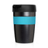 A drink bottle featuring a carbon fibre design, with a black lid and a turquoise silicone band.