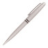A metal ballpoint pen in silver and chrome, featuring a sleek design and a clip. It includes a logo.