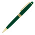 A green ballpoint pen with gold accents and a classic design, featuring a clip and decorative bands.