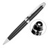 A black metal ballpoint pen with silver accents, featuring a rounded top and a logo.