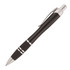 A black ballpoint pen with silver accents and a clip, featuring a smooth design and two decorative bands.