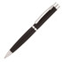 A ballpoint pen in black with silver accents, featuring a sleek design and a clip, also has a logo.