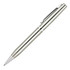 A silver metal ballpoint pen with a sleek design and a clip, featuring a branding logo.