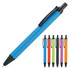 A blue ballpoint pen with a black clip, surrounded by pens in red, orange, green, pink, and purple. Features a logo.