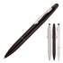 A metal ballpoint pen stylus in black, with silver accents, alongside variants in silver and white, featuring branding.