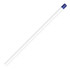 A white pencil with a blue end, featuring a logo on the side.