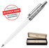 A metal ballpoint pen in white with a silver trim, presented in a black box, featuring a logo on the pen.