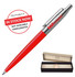 A red metal ballpoint pen with a silver clip and a branded logo, presented in a boxed packaging.