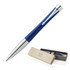 A metal ballpoint pen in lacquer blue with a chrome clip, presented in a box with a logo.