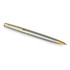 A mechanical pencil in brushed stainless steel with gold accents, featuring a sleek design and a branding logo.