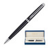 A matte black ballpoint pen with chrome accents, presented in a blue gift box with an interior lining.