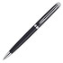 A metal ballpoint pen in matte black with chrome accents, featuring a clip and branding on the body.