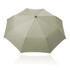 A folding umbrella in a muted green shade, featuring a central hub and a slightly reflective surface. It has a logo.