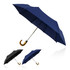 An auto-open umbrella featuring a dark blue canopy and a curved wooden handle, with additional black umbrellas in the background.