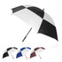 An umbrella featuring a black and white checkered pattern with options in blue, black, and burgundy. Includes a logo.