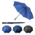 A blue 75cm umbrella with a black handle, accompanied by darker blue and black folded umbrellas, featuring branding.