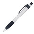 A ballpoint pen in white with a black grip and top, featuring a clip and a logo.