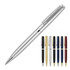 A metal ballpoint pen in a silver finish, accompanied by pens in black, gold, blue, red, and other colours.
