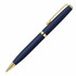 A metal ballpoint pen in navy blue with gold accents and a clip, featuring a branding logo.