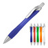 A ballpoint pen in blue with a silver clip, accompanied by pens in orange, green, red, and white.