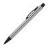 A metallic silver ballpoint pen with a black tip and clip, featuring a sleek design and branded logo.