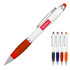 A ballpoint stylus pen in white with an orange grip and tip, featuring a branding logo. Available in multiple colours.