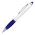 A white ballpoint pen with a blue grip and stylus tip, featuring a silver clip and accents.
