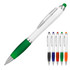 A plastic ballpoint pen with a white body, green grip, and stylus tip, displayed alongside five additional colour options.