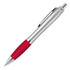 A ballpoint pen with a silver body and a red silicone grip, featuring a clip and a shiny silver accent.