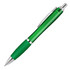A green ballpoint pen with a transparent barrel and a silicone grip, featuring a silver clip and details.