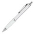 A silver ballpoint pen with a white silicone grip and a silver clip, featuring a metallic finish.