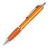 An orange ballpoint pen with a transparent barrel and silicone grip, featuring a silver clip and tip. Includes a logo.