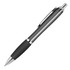 A ballpoint pen with a transparent grey barrel, silver accents, and a black silicone grip. It features a clip and a shiny finish.