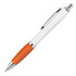 A ballpoint pen with a white barrel, orange silicone grip, and silver accents, featuring a clip and plastic design.