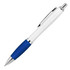 A ballpoint pen with a white barrel, blue silicone grip, and silver accents, featuring a branding logo.
