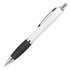 A plastic ballpoint pen with a white body and black silicone grip, featuring a chrome clip and tip.