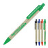 A recycled paper ballpoint pen in sage green, accompanied by a selection of pens in black, blue, red, and orange.
