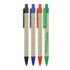 A set of four ballpoint pens with recycled paper barrels in black, blue, red, and green, featuring a logo.