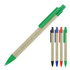 A ballpoint pen featuring a recycled paper body in sage green, with additional pens in black, blue, and red.