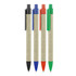 A selection of ballpoint pens with recycled paper barrels in black, blue, orange, and green. Each pen features a clip.