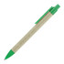 A ballpoint pen made of recycled paper with a sage green tip and clip, featuring a simple design and branding.